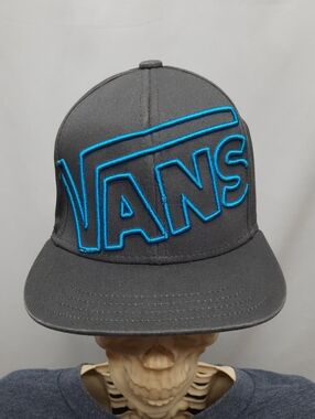 Vans Youth Boys Snapback Hat Gray Cyan Blue 3D Logo Flat Brim Retro 2013 Skate